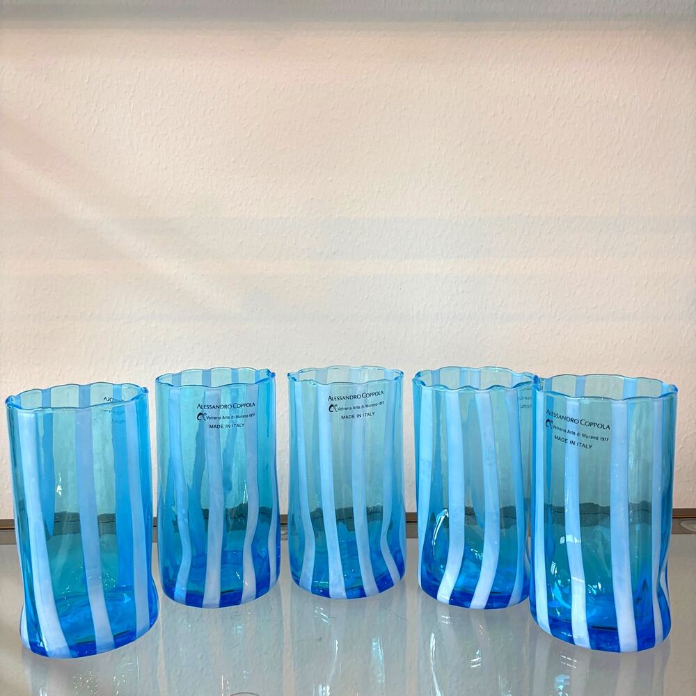 Alessandro Coppola Murano Italy Blue & White Art Glass Tumblers Set of 4 NEW